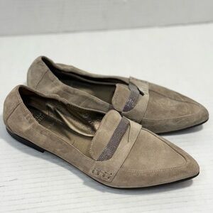 Brunello Cucinelli Military Monili Embellished Suede Flat- Grey